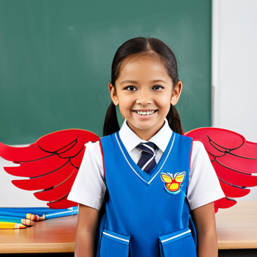 Home 11 A joyful school-aged child, fully clothed in a modest and appropriate school uniform, stands proudly in a bright, modern classroom. They are wearing a vibrant "Super Wings" themed ergonomic backpack. On a neat wooden desk in front of them, an open "Super Wings" pencil case reveals colorful pencils and markers, along with a "Super Wings" notebook. The child has a confident and happy expression, looking ready for learning and adventure. The image is a professional studio shot, safe for work, appropriate content, family-friendly, perfect anatomy, correct proportions, natural pose, well-formed hands, proper finger count, natural body proportions, high quality photography.