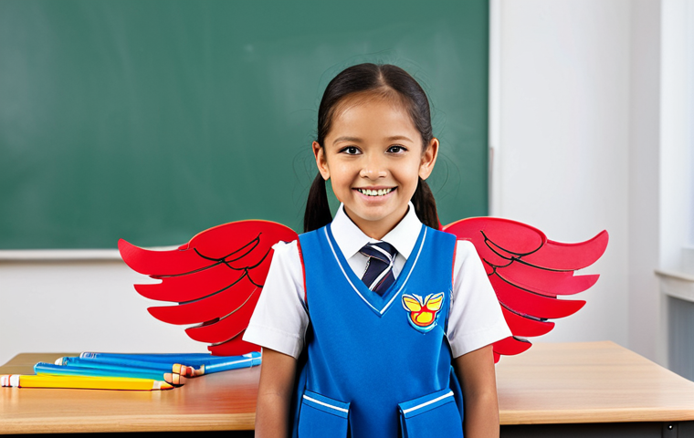 A joyful school-aged child, fully clothed in a modest and appropriate school uniform, stands proudly in a bright, modern classroom. They are wearing a vibrant "Super Wings" themed ergonomic backpack. On a neat wooden desk in front of them, an open "Super Wings" pencil case reveals colorful pencils and markers, along with a "Super Wings" notebook. The child has a confident and happy expression, looking ready for learning and adventure. The image is a professional studio shot, safe for work, appropriate content, family-friendly, perfect anatomy, correct proportions, natural pose, well-formed hands, proper finger count, natural body proportions, high quality photography.