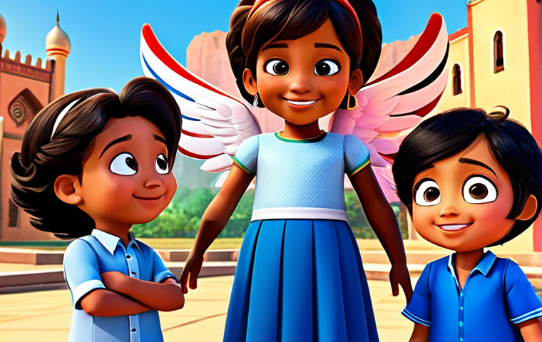 A cheerful animated Jett (Super Wings character) interacting with a group of diverse children from different cultures. The children are fully clothed in modest, traditional attire representing various global regions. The background is a vibrant montage of iconic world landmarks and cultural symbols, showcasing global geography and cultural understanding. The scene is bright and educational, emphasizing learning and cultural appreciation. Professional animation style, high quality, safe for work, appropriate content, fully clothed, perfect anatomy, correct proportions, natural pose, well-formed hands, proper finger count, natural body proportions, family-friendly.